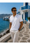 Men's Premium Imported Textured Fabric Striped White Polo Collar T-Shirt - 3