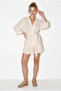 Women's Cream 100% Cotton Zigzag Patterned Kimono Blouse Layered Mini Skirt Set 7662 60286310 - 3