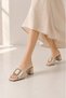 Eslem Women's Beige Metal Buckle Square Toe Thick Heeled Slippers - 5
