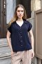 Women's Crepe Fabric Off-Shoulder Collared V-Neck Short Sleeve Shirt-Navy Blue