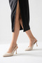 Women's Beige Leather Open Back Pointed Toe Buckle Goblet Heeled Shoes - 4