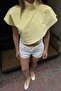 Yellow Stand Collar Shoulder Button Detail Front Asymmetrical Cross Fold Women's Crop Blouse - 4