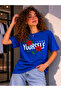 Love Yourself Written Red Rose Detail Printed Women's Cobalt Blue Basic T-Shirt - 2