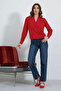Women's Double-Breasted Collar Draped Satin Red Blouse - 2