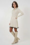 Women's Polo Collar Belted Vertical Striped Pattern Knitwear Cream Double Set - 3
