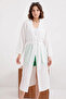 Women's V-Neck Belted Slit White Kimono