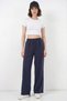 Women's Elastic Waist, Stitched Detail, Wide Leg, Navy Blue Palazzo Trousers
