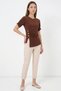 Women's Round Neck Button Detailed Gathered Sleeve Brown Blouse - 2