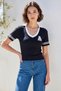 Women's Polo Collar Letter Appliqué Basic Striped Sleeve Detail Knitwear Black T-Shirt - 6