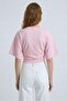 Pink Crew Neck Gathered Waist Bat Sleeve Crop Blouse - 5