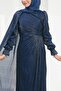 Navy Blue Cape Detailed Draped Stone Embellished Evening Dress - 2