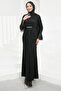 Black Lace Evening Dress with Flounces and Stones on the Sleeves
