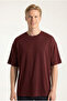 Men's Burgundy Oversize Modal Fabric Silky Textured Crew Neck T-Shirt
