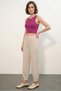 Women's Drawstring Waist Striped Linen Fuchsia Trousers - 2