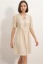 Women's Tie Collar Gathered Ruffle Detailed Short Sleeve Cream Dress - 3