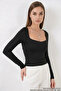 Women's Square Neck Slim Fit Long Sleeve Black Blouse - 4