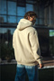 Men's Three Thread Combed Cotton Hooded Basic Sweatshirt - Beige - 2