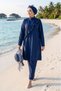 Pearl Ruffle Detailed Triple Hijab Swimsuit Navy Blue
