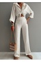 Women's Summer Linen-Look Wrinkled Textured Shirt and Pants Set Off-White Relaxed Fit 2-Piece Set - 3