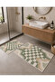 Beige Green Checkered and Wave Patterned Bath Mat with Velvet Dot Base - 7