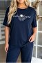 Women's Plus Size Short Sleeve Embossed Printed Side Stripe Tracksuit Set 8269-26 - 2