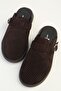 Women's Brown Suede Perforated Buckle Slippers - 4