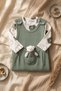 Nafitto Baby Sage Green Waffle Knit Teddy Bear Salopet and Patterned Bodysuit Set - Cotton Texture 3-9 Months - 6