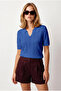 Women's Cobalt Blue Viscose Polo Collar Openwork Draped Knitwear Blouse Blz-19003363 - 4