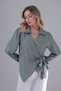 Women's Stone-Colored Double-Breasted Side-Tie Satin Blouse Shirt - 7