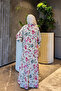 Cream Fuchsia Half Buttoned Sleeves Elasticized Patterned Viscose Dress - 5