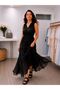Fluid Textured Adjustable Waist V-Neck Long Dress-Black - 4