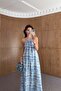 Halter Neck Backless Maxi Length Woven Blue Dress - 2