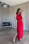 Red Gathered Waist Dress with Buckle Detail and Slit - 4