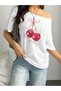 Women's Ribbon Cherry Printed Boat Neck Off Shoulder 100% Cotton T-Shirt - 4