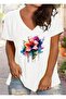 Woman's V-Neck Printed Black/White Loose Oversize T-shirt