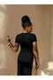 Women's Black Crew Neck Asymmetrical Cut Long Blouse / Tunic with Side Deep Slits and Lace Detail - 7