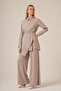 Women's Jacquard Belt Detailed Double Suit Set Beige 31328 - 4