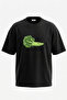 Crocodile Broccoli Design Back Printed Cotton Black Oversize T-Shirt