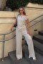 Beige Low Sleeve Off Shoulder Blouse-High Waist Pants Women's Bottom Top Set - 3