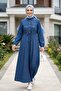 Women's Buttoned Stone Embroidered Lace-Up Dark Blue Denim Dress - 4