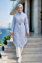 Women's Striped Patterned Belted Linen Blue Shirt - 3