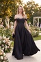 Women's Black Boat Neck Stoned Long Promise Engagement Wedding Evening Dress - 5