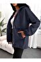 Women's Navy Blue Hooded Trench Coat with Elasticated Sleeves - 4