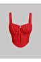 Red Embroidered Patterned Chest-Cut Out Front Lace-Up Strap Crop Top, Red Scallop Embroidered Corset Crop Top - 5