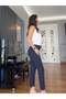 Navy Blue Elastic Waistband Pants with Gold Detail on the Legs - 7