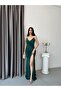 Emerald Thin Straps Draped Slit Long Evening Dress - 2
