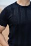 Navy Blue Vertical Striped Crew Neck Knitwear Men's T-Shirt E7505 - 4