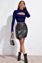 Women's Navy Blue Low-Cut Long Sleeve Cut Out Crop Top Blouse - 4