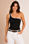 Black One-Shoulder Lace Strap Detailed Stretchy Women's Blouse - 3