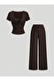 Brown Shawl Collar Short-Sleeved Crop Top and Wide-Leg Bottom Set